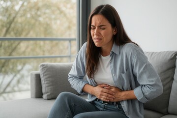 A woman shows a pained expression while clutching her stomach, sitting on a sofa in a striped shirt and jeans