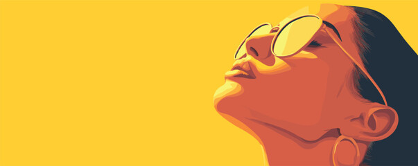 Abstract portrait of a woman looking upward with sunglasses in vibrant yellow background.