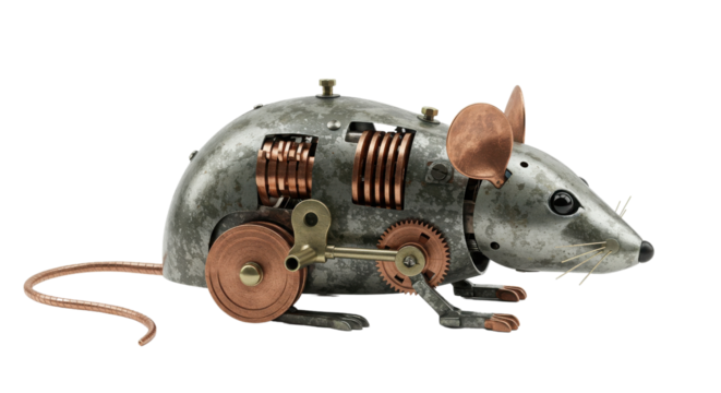 Steampunk Mechanical Rat Figure 3D Render Isolated on White Metal and Copper