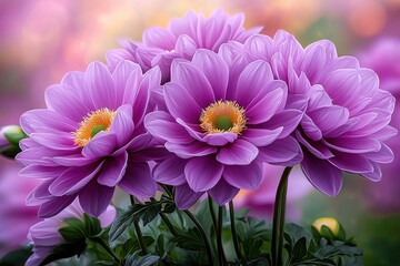 Fototapeta premium Close up view of three vibrant purple flowers with dew drops, soft background, and shallow depth of field. The image evokes serenity and natural