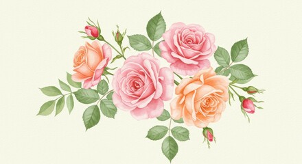 Fototapeta premium Watercolor Roses Arrangement in Pink and Peach Floral Bouquet