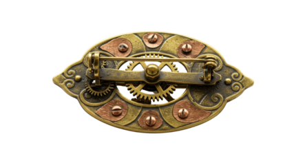 Vintage brass steampunk brooch with gears isolated on white background