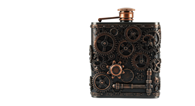 Steampunk Hip Flask Product Shot with Gears and Copper Finish Isolated on White Background