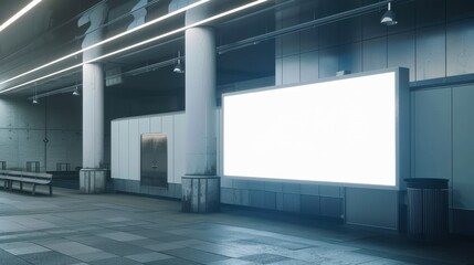 Obraz premium Empty urban subway station with a blank illuminated billboard and modern architecture.
