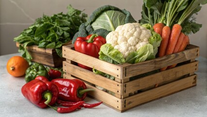 Wooden Crate of Fresh Vegetables Cauliflower, Cabbage, Peppers and Carrots, Healthy Eating, Farm Fresh Produce healthy food, farmers market