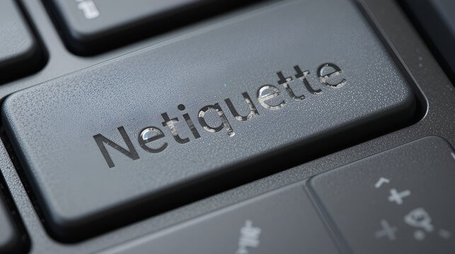 Netiquette is a set of rules that encourages appropriate and courteous online behavior, text concept button on keyboard