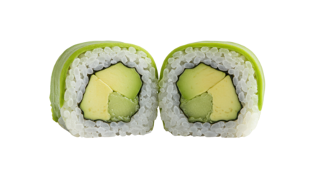 Avocado maki sushi roll cut in half isolated on white background