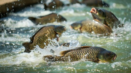Fototapeta premium A lively group of fish splashing and swimming energetically in a pond during daytime.