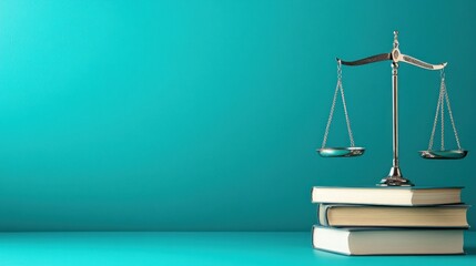 Balance scales and books teal background
