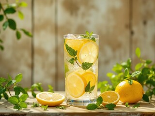 Fototapeta premium Summer Citrus Refreshment: Lemon Drink with Mint