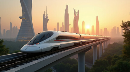 High-Speed Train Traveling Through a Futuristic City