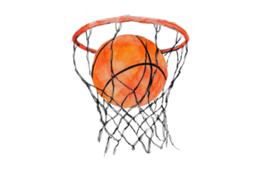 Watercolor illustration of a basketball going through a net on a