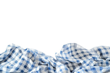 A blue and white checkered tablecloth draped and wrinkled agains