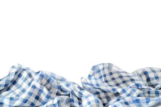 A blue and white checkered tablecloth draped and wrinkled agains