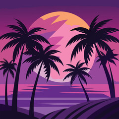 Tropical beach sunset with silhouetted palm trees