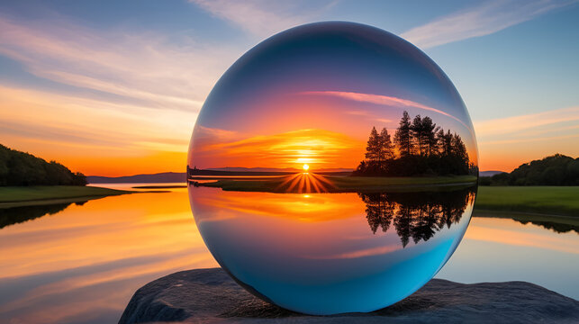 Optical polarizing filter reflecting a vibrant sunset through a glass sphere on a tranquil landscape showcasing photography techniques