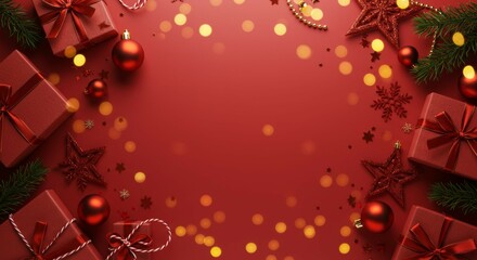 Festive Holiday Gifts and Decorations on Red Background with Bokeh Lights