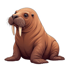 Obraz premium Walrus character illustration with brown skin and long tusks on white background for children's book and educational poster