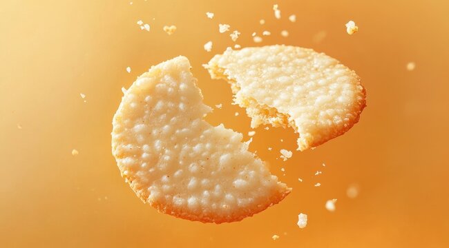 Close-up of a crispy rice cracker breaking apart mid-air against a warm, golden background.