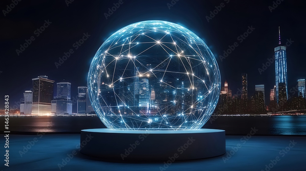 Poster 光る球体と都市景観の夜景：夜空を背景にした現代的なデジタルネットワークの輝き