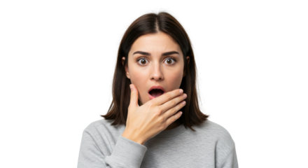 Surprised young woman with hand over mouth isolated PNG with Transparent Background