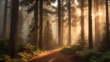 Sunlit forest pathway amidst towering trees bathed in warm golden light and atmospheric mist