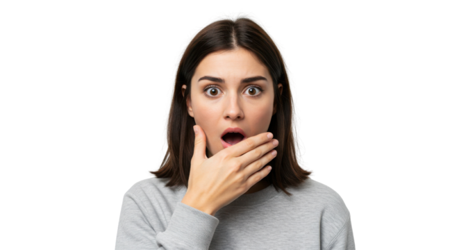 Surprised young woman with hand over mouth isolated PNG with Transparent Background