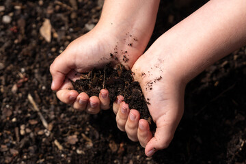 Kid holding soil. Child planting. Small hands with ground. Black soil in kids hands. Farm life for children. Earth in tiny hands. Rural childhood. Kid holding soil. Kid grasping rich soil.