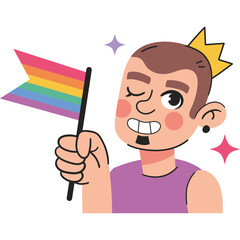 Man raising rainbow flag in LGBTQ pride celebration