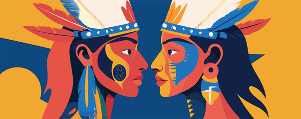 Fototapeta premium Colorful portrait of two indigenous warriors facing each other with traditional headdresses.