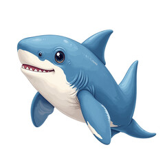 Fototapeta premium Cute blue shark character illustration with big eyes and sharp teeth on white background for children's book and educational poster
