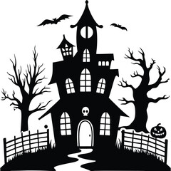 Spooky haunted Halloween house with bats and a tree silhouette against a dark, autumn night and moon