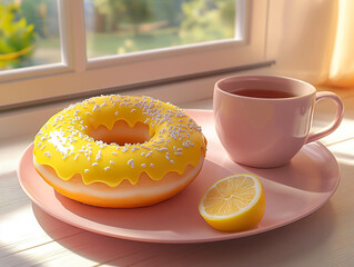 A photorealistic doughnut with lemon glaze on a plate, next to it is half an orange and a cup of tea
