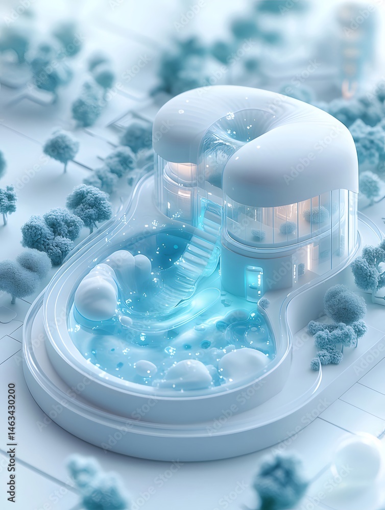 Poster 青い水のプールとガラスの壁の未来的な白い家の外観デザイン 3dレンダリングと革新的な幾何学的形状の背景