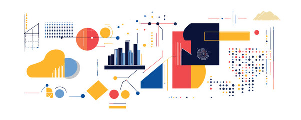 Abstract geometric design with colorful shapes, dots, and lines in modern composition.