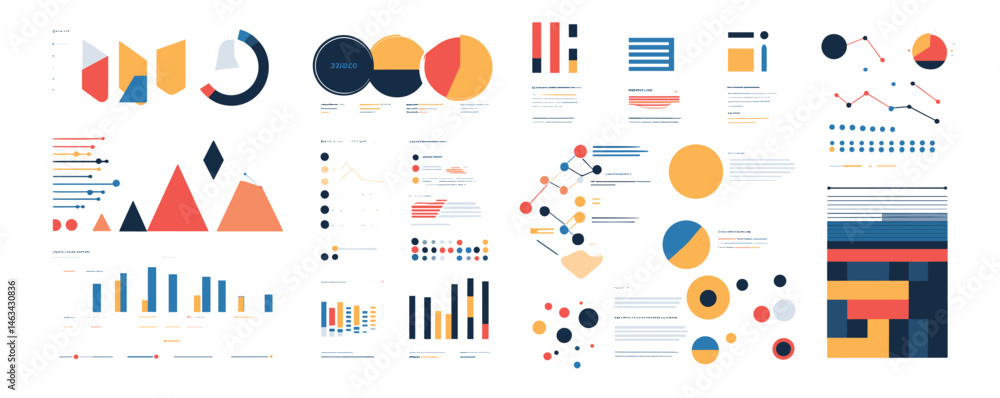 Poster modern infographic collection with diverse data visualizations and colorful charts.