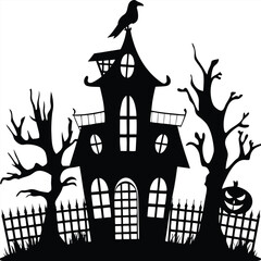 Spooky haunted Halloween house with bats and a tree silhouette against a dark, autumn night and moon