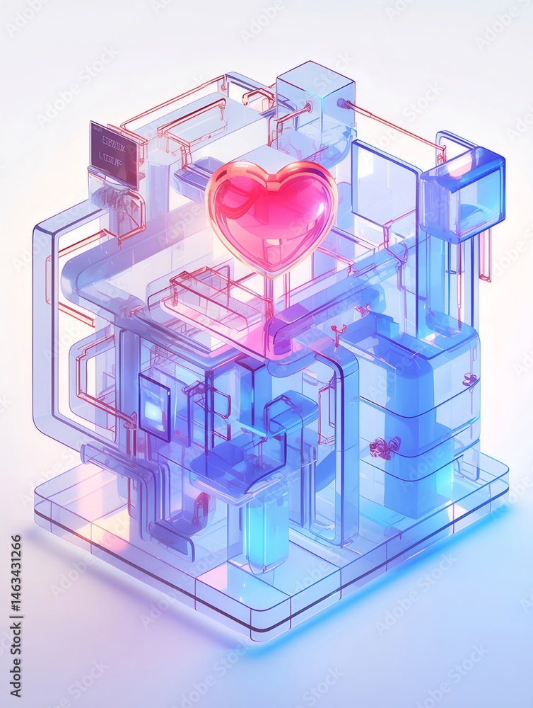 Poster ピンクのハートと青い光沢のある幾何学的な立方体構造の3dレンダリング 未来的な技術デザインと抽象的なアート