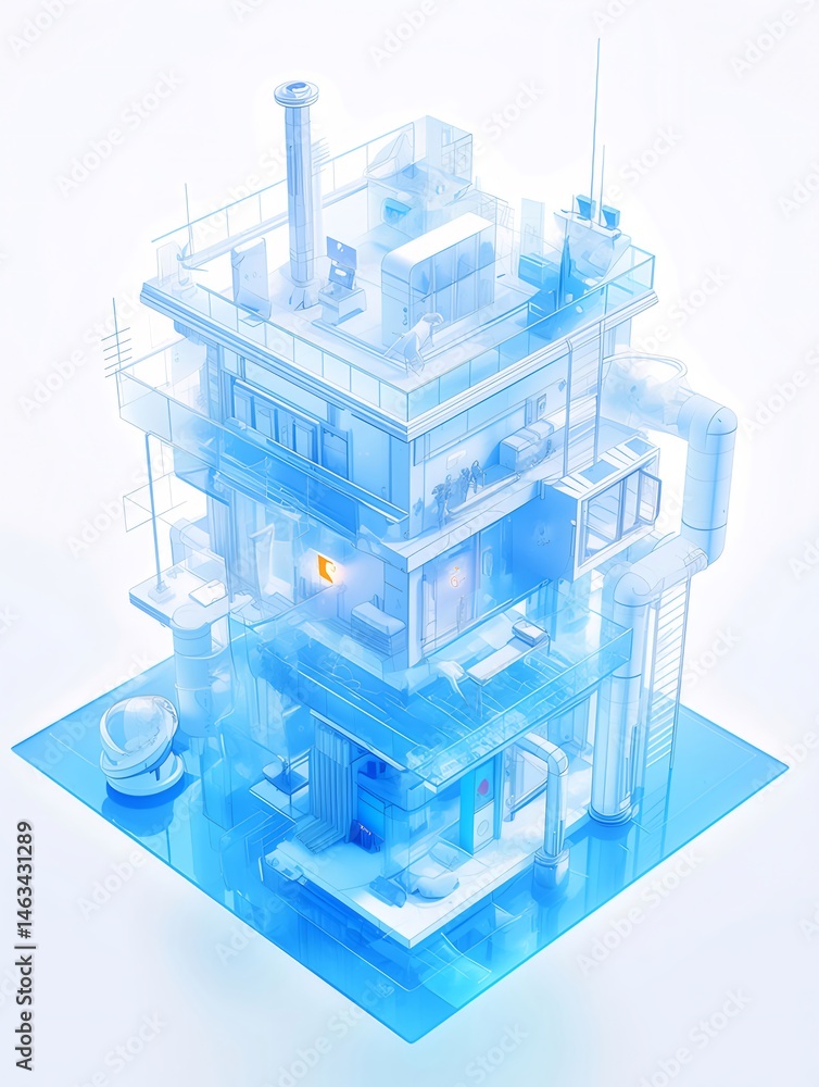 Aufkleber 青と白の抽象的な構造の建物のデザイン幾何学的な立方体の未来的なモデルのデジタルアートのレンダリング