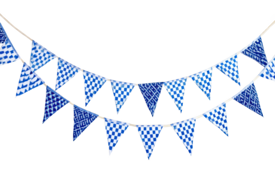 Two rows of blue and white patterned triangular flags hanging on - Powered by Adobe