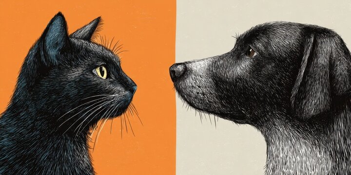 Close-up illustration of a cat and dog facing each other.