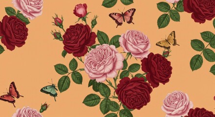 Rose and Butterfly Floral Pattern with Peach Background