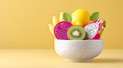Exotic Fruit Bowl on Yellow Background