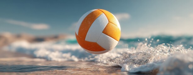 Naklejka premium Beachside volleyball tournament concept. Volleyball hovering over water with waves splashing around it