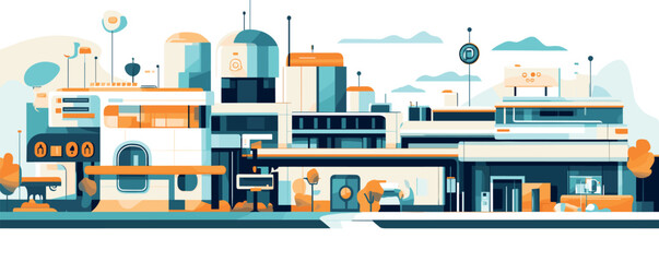 Futuristic cityscape with modern architecture and technology in minimalist style.