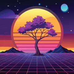 Fotobehang Night landscape with a lone tree silhouette against a starry sky and a full moon © mdanamulislamopu