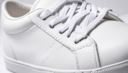 Close-up of a pristine pair of white leather sneakers, showcasing the elegant simplicity and refined details of the footwear.