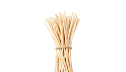 A bundle of light-colored bamboo straws is tied together with a thin twine against a white background.