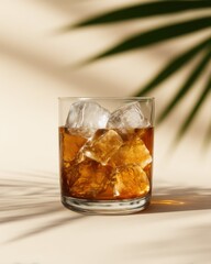 Labor day urban relax concept. Glass of whiskey with ice on a soft, neutral background
