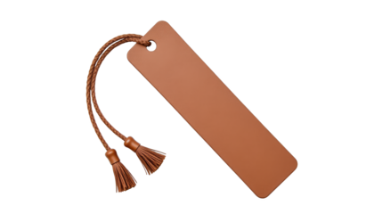 A tan leather bookmark with a brown tassel hangs against a white background.